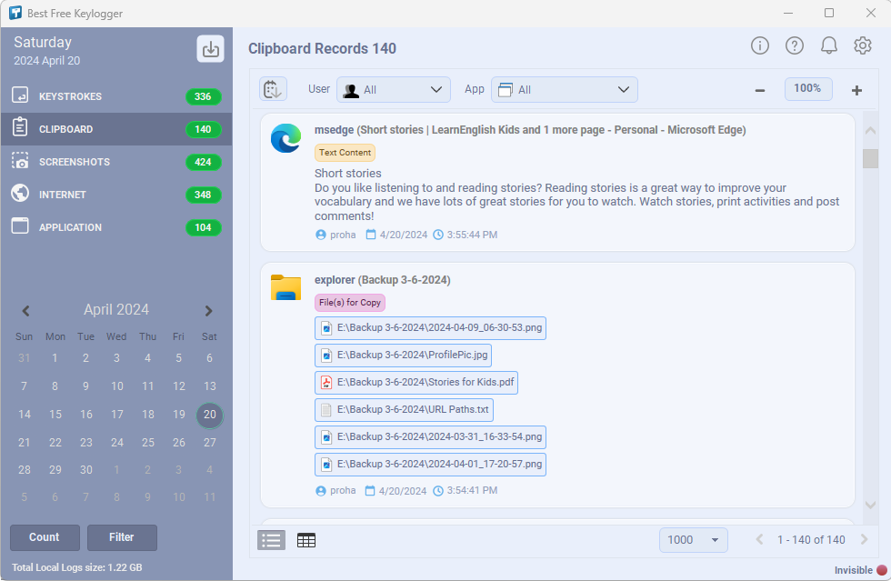 Expedientes del portapapeles por Best Free Keylogger