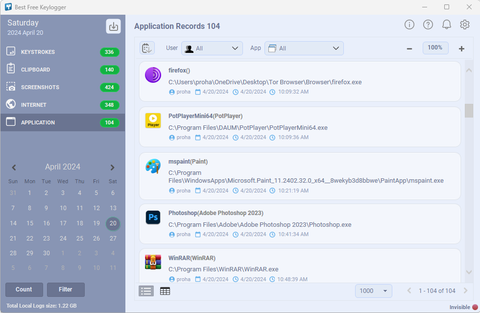 Application Usage Records by Best Free Keylogger