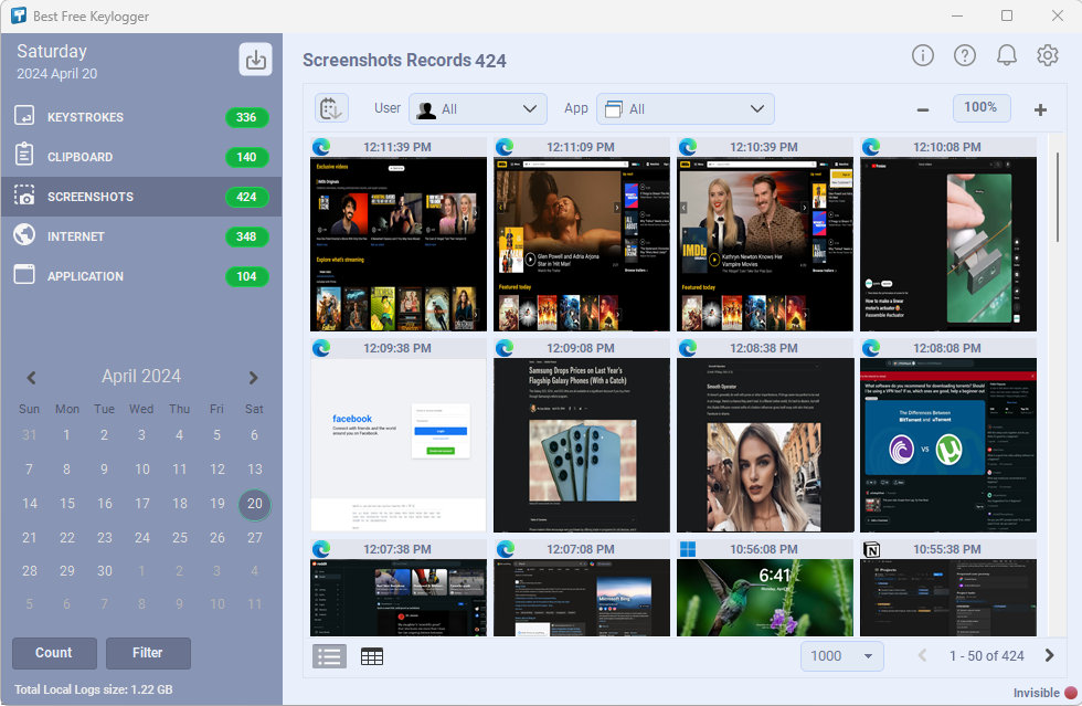 Screenshots Captured by Best Free keylogger