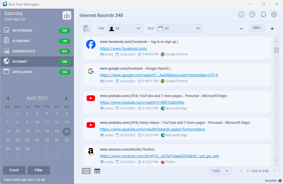 Internetowe rekordy aktywności według Best Free Keylogger