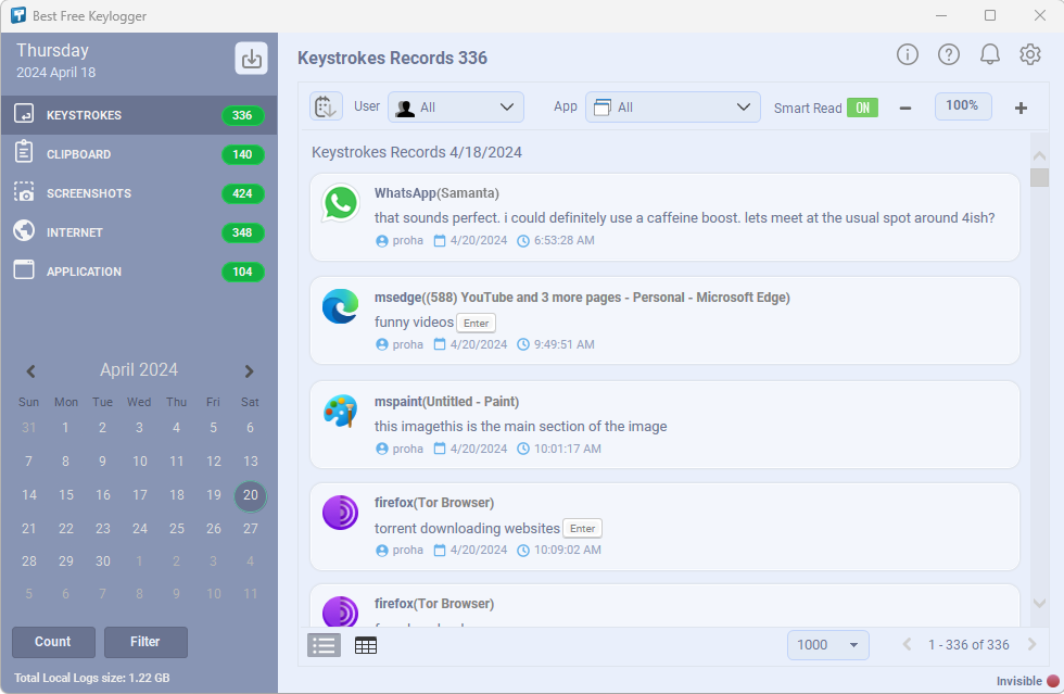 Naciśnięcia klawiszy według Best Free Keylogger